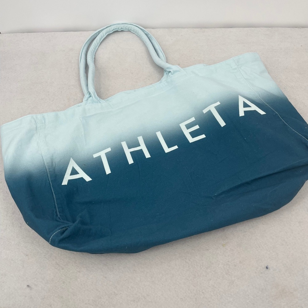 Athleta Blue Ombre Canvas Tote Bag Logo Dip Dye Cotton Gym Beach Bag